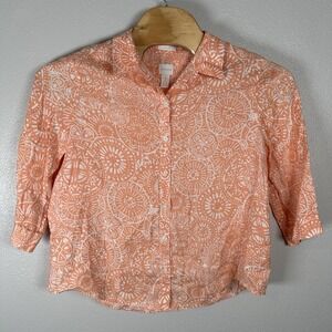 Chicos Top Womens 3/XL Coral Geometric Floral Linen No Iron Button‎ Up Shirt
